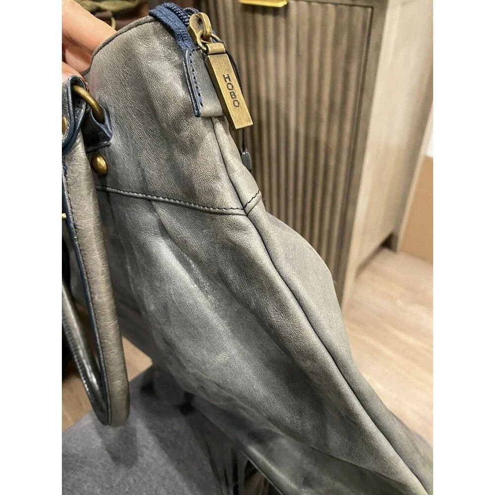Hobo International Tote Bag Large Gray Leather Shoulder Carry All buckle Closure